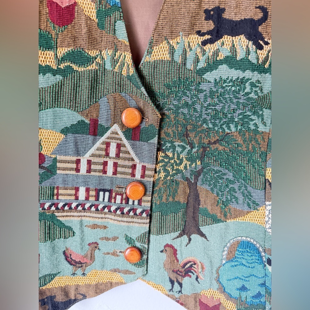 VTG RARE Farm Animal Chicken Duck Multi Color Tapestry Vest Cottage Core Size L - Picture 3 of 9